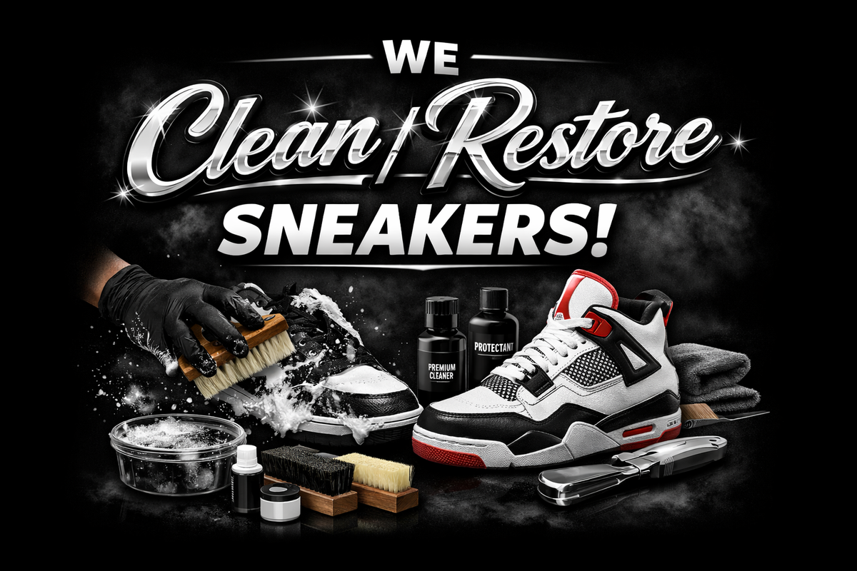 Uptwnkix sneaker cleaning and restoration promo graphic featuring a gloved hand scrubbing a sneaker with soap suds, premium cleaning tools, and bold chrome text reading ‘We Clean / Restore Sneakers!’ on a dark streetwear‑style background.